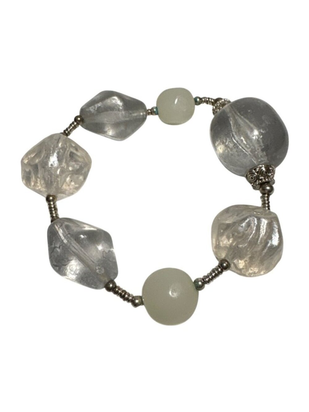 Frosted Glass Beaded Bracelet Stretch With Silver Accents Vintage